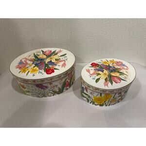 Vintage Set of 2 Spring Easter Oval Nesting Boxes Floral Pattern Cardboard